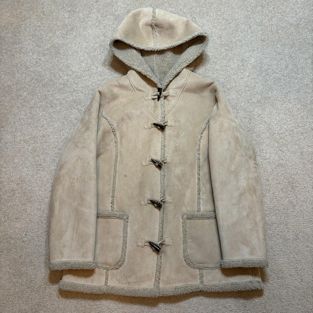 LL Bean Coat Womens L‎ Petite Beige Faux Suede Shearling Hooded Toggle Parka Coa